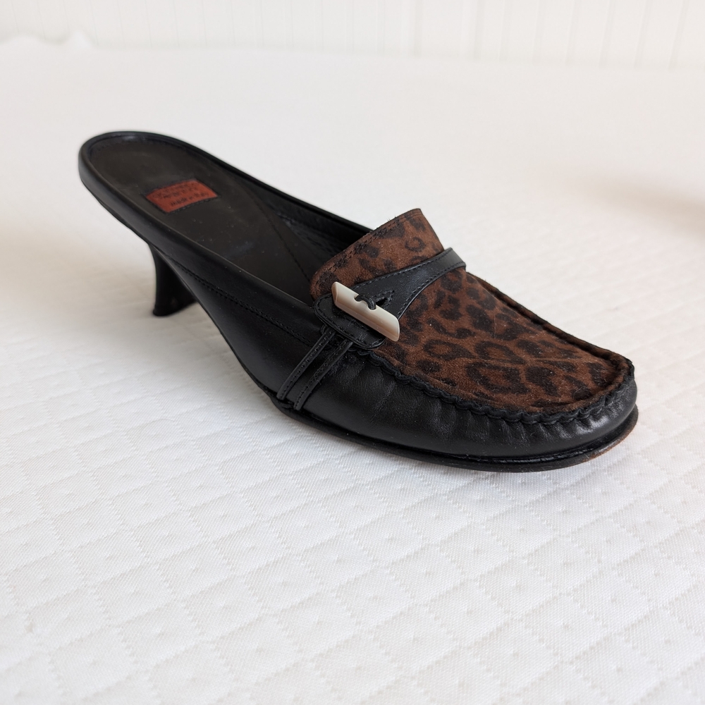 Goffredo Fantini 7.5 Vintage Slip On Kitten Heel Mules Leopard Black leather